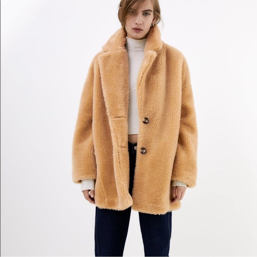 NWT Zara Tan Faux Shearling Sherpa Two Button Oversized Teddy Bear Coat XS New